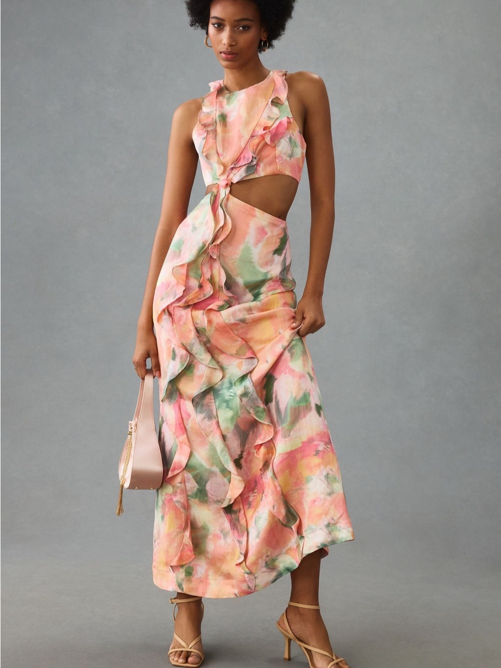 Watercolor Peach Cutout Ruffle Midi Dress